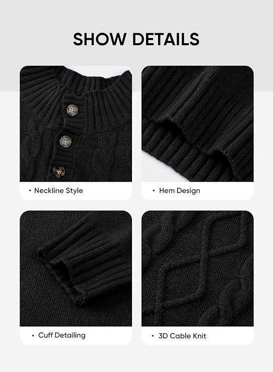 Men's Cable Knit Henley Sweater with Ribbed Stand Collar