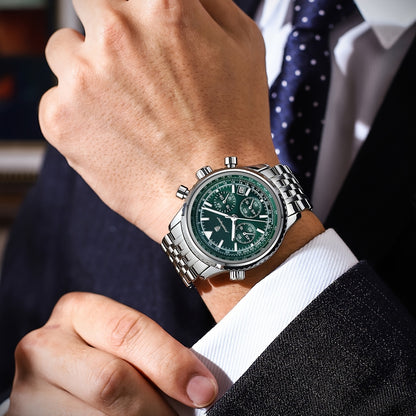 Luxury Stainless Steel Chronograph Watch with Green Dial