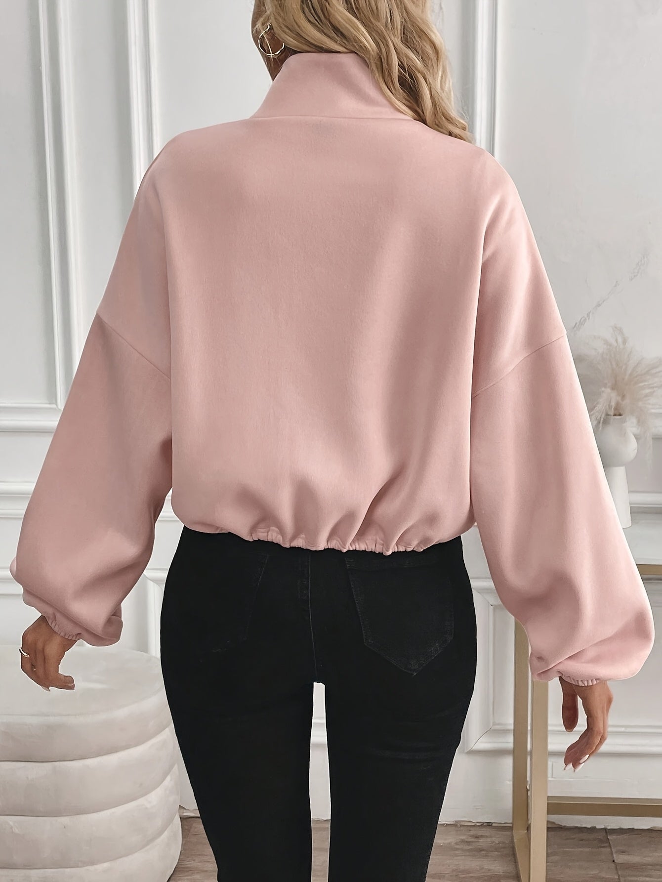 Women's Elegant Black Stand Collar Jacket with Full-Zip Closure - All-Season Casual to Semi-Formal Outerwear, Machine Washable Zippered Coat for Fall Winter Layering, Versatile Work to Semi-Formal Outfits