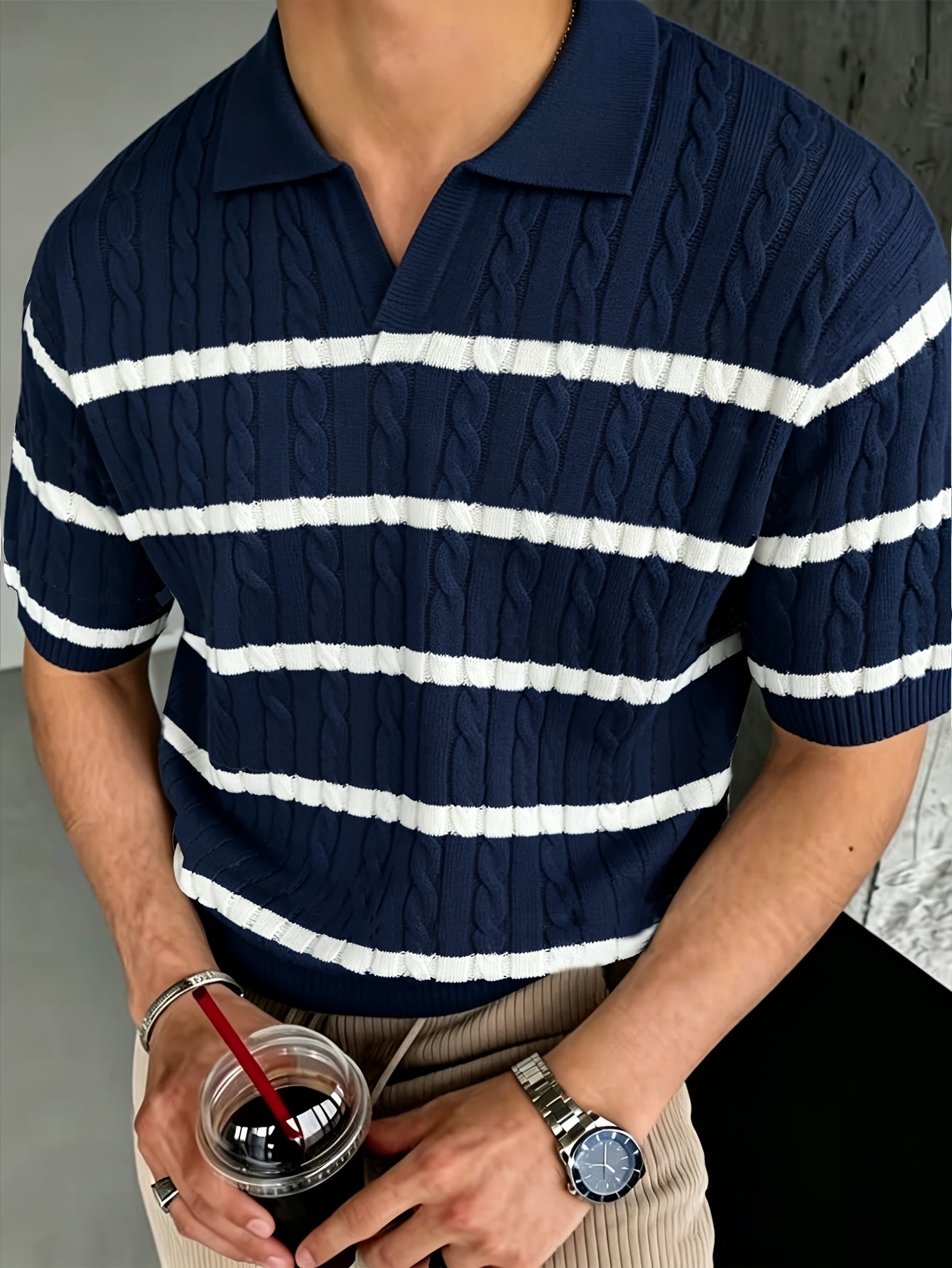 Men's Summer Polo Shirt Striped Knit Casual Short Sleeve