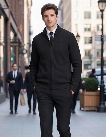 Men's Casual Zip-Up Knitted Cardigan Sweater with Stand Collar