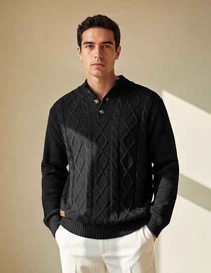 Men's Cable Knit Henley Sweater with Ribbed Stand Collar