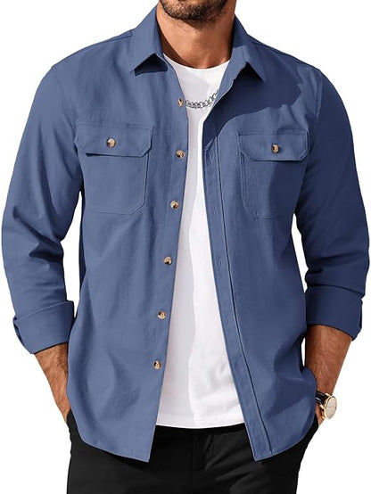 Men's Long Sleeve Button-Up Shirt Jacket with Flap Pockets