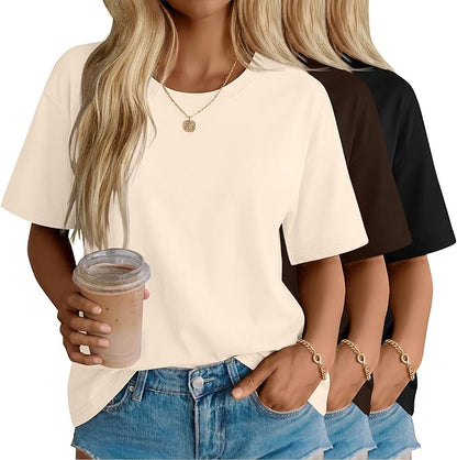 Women's Cotton Oversized Half Sleeve Crew Neck Tees - 3 Pack