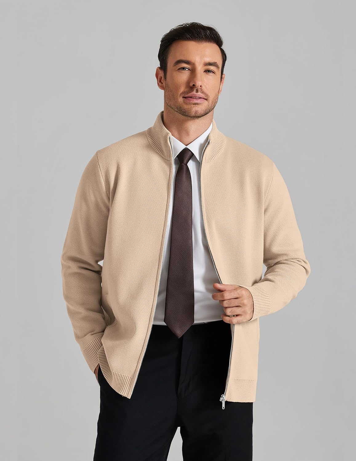 Men's Full Zip Mock Neck Cardigan Sweater with Pattern
