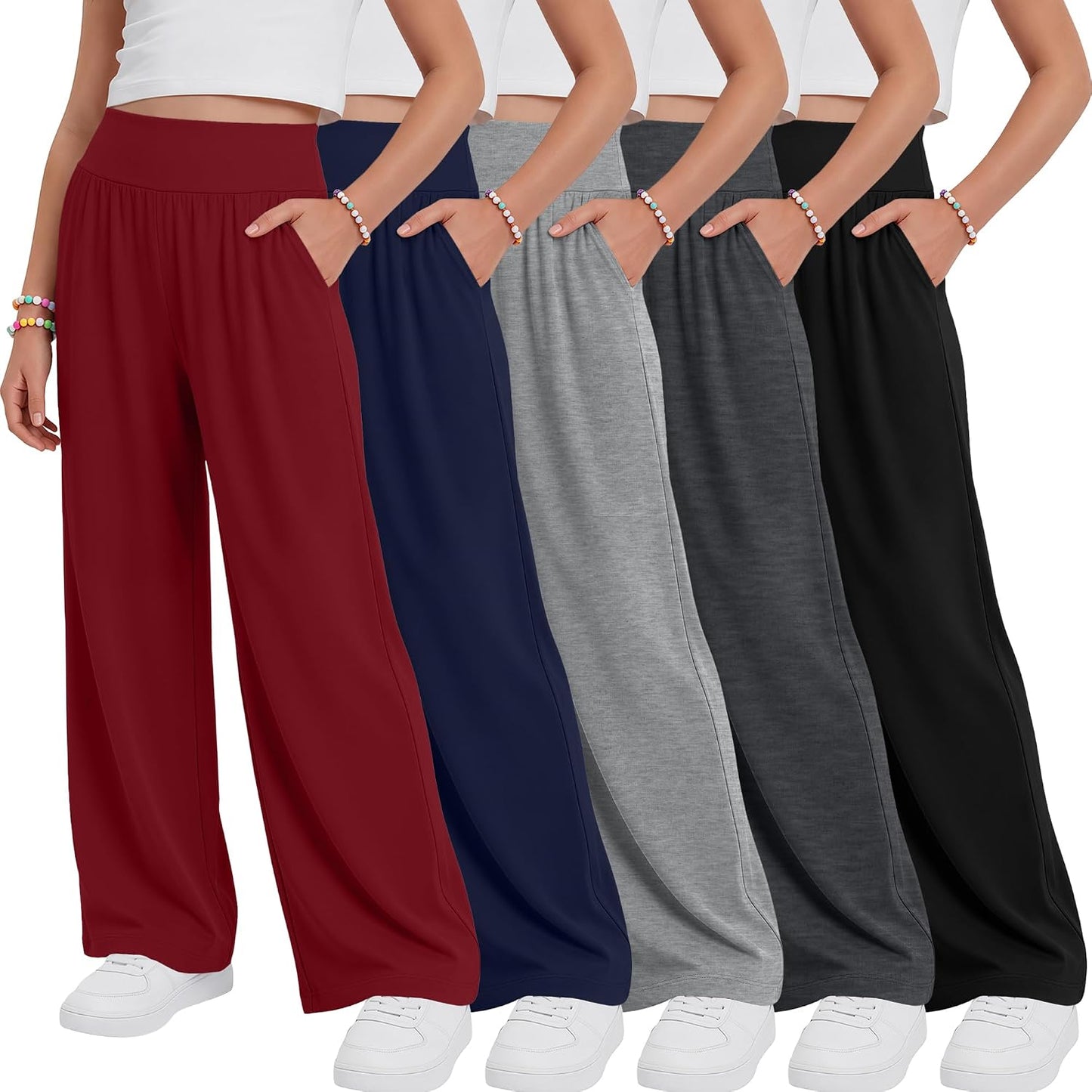 Girls' Wide Leg Pants 5-Pack Stretchy & Comfortable
