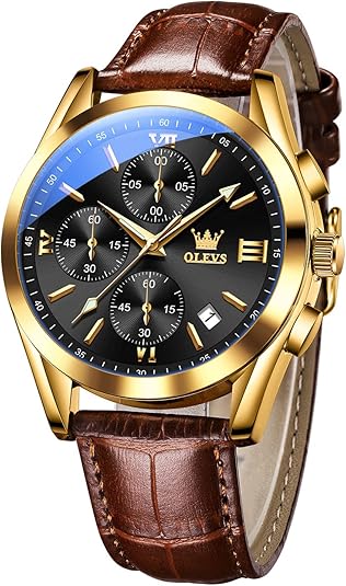 OLEVS Men's Casual Leather Chronograph Watch, Waterproof