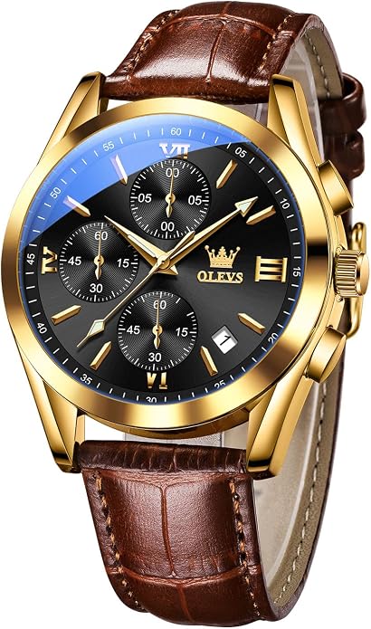 OLEVS Men's Casual Leather Chronograph Watch, Waterproof
