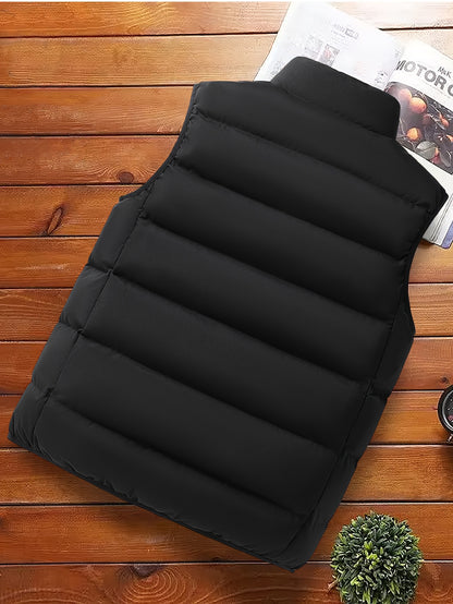 Men's Casual Sleeveless Stand Collar Vest, Thickened Warm Sweater, Autumn Winter Solid Color Zip-up Jacket, Coldproof Outdoor Top, Graphene Warmth, Fashion Webbing, Suitable for Daily Activities, Holiday Gift