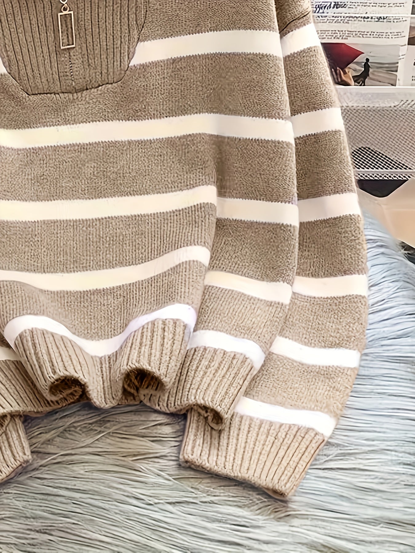 Women's Striped Zip-Up Sweater with Thickened Inner Layer