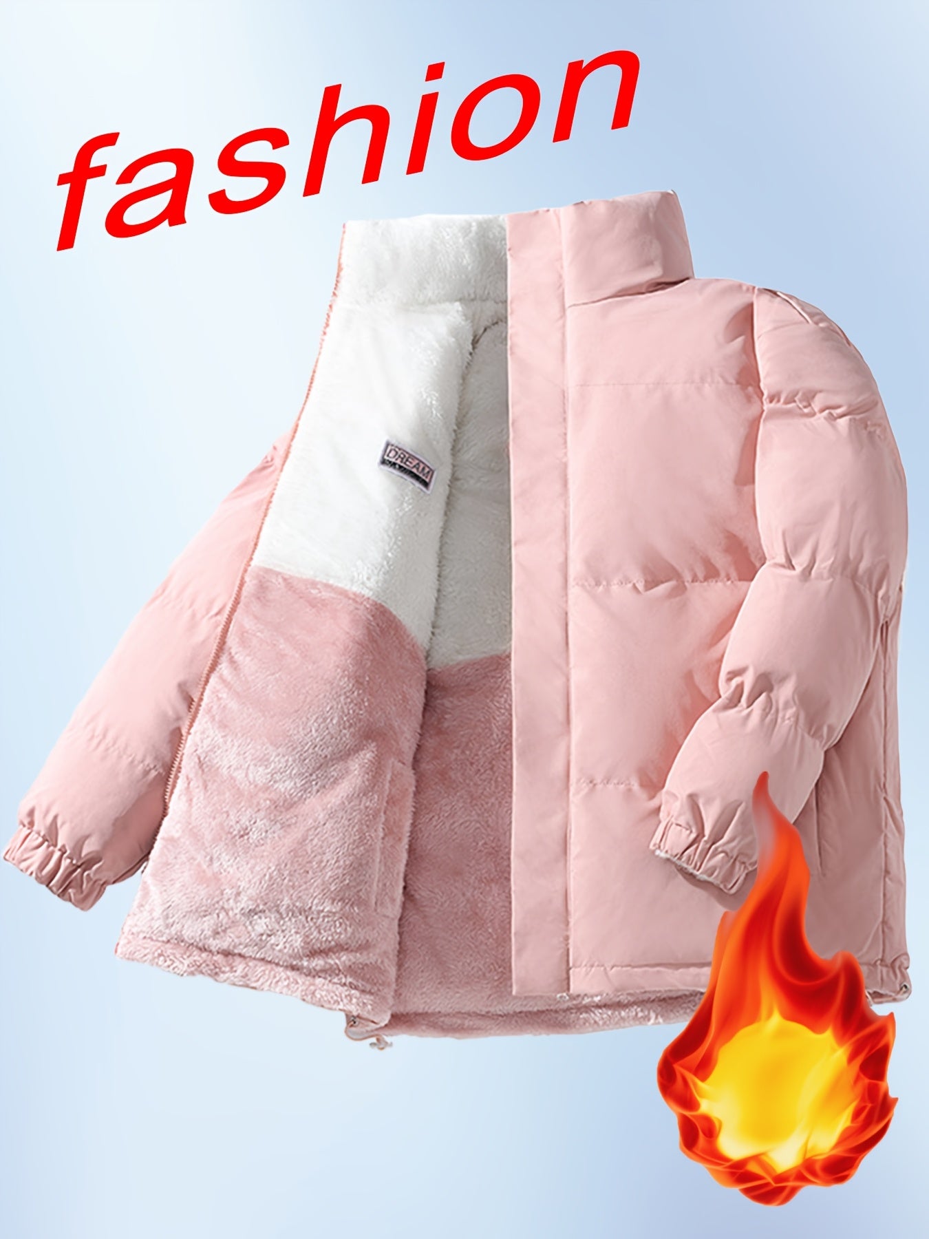 Men'S Double-Sided Fleece-Lined Thickened Jacket - Casual Stand Collar with Letter Print, Regular Fit, Pockets, Polyester Fill, Versatile for Fall/Winter, Winter Jacket