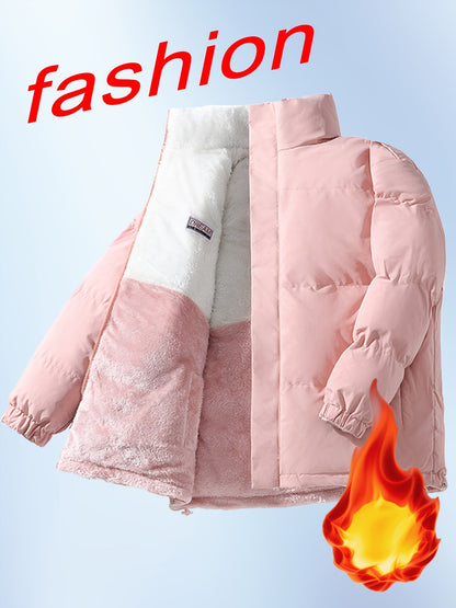 Men'S Double-Sided Fleece-Lined Thickened Jacket - Casual Stand Collar with Letter Print, Regular Fit, Pockets, Polyester Fill, Versatile for Fall/Winter, Winter Jacket