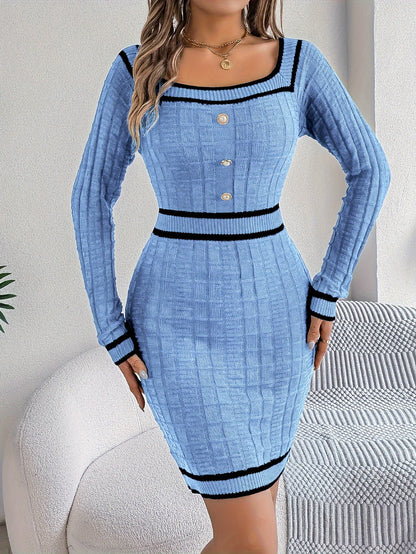 Autumn And Winter Casual Vacation Square Neck Button Decorative Bodycon Dress