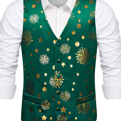 DOCAPEITON Men'S Christmas Vest - Formal & Casual Holiday Party Outfit with Button Front Closure, Non-Stretch Fabric - Green & Golden Snowflake, Tree, Firework Designs - Perfect for Xmas, New Year's, Weddings - Adult Men'S Fe