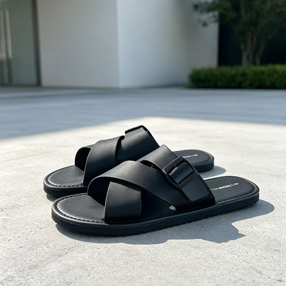Men's Solid Color Cross-Strap Slip-On Casual Slides