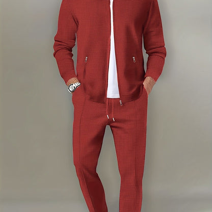 Men's Spring Waffle Knit Sportswear Set, European and American Style Casual Outfit