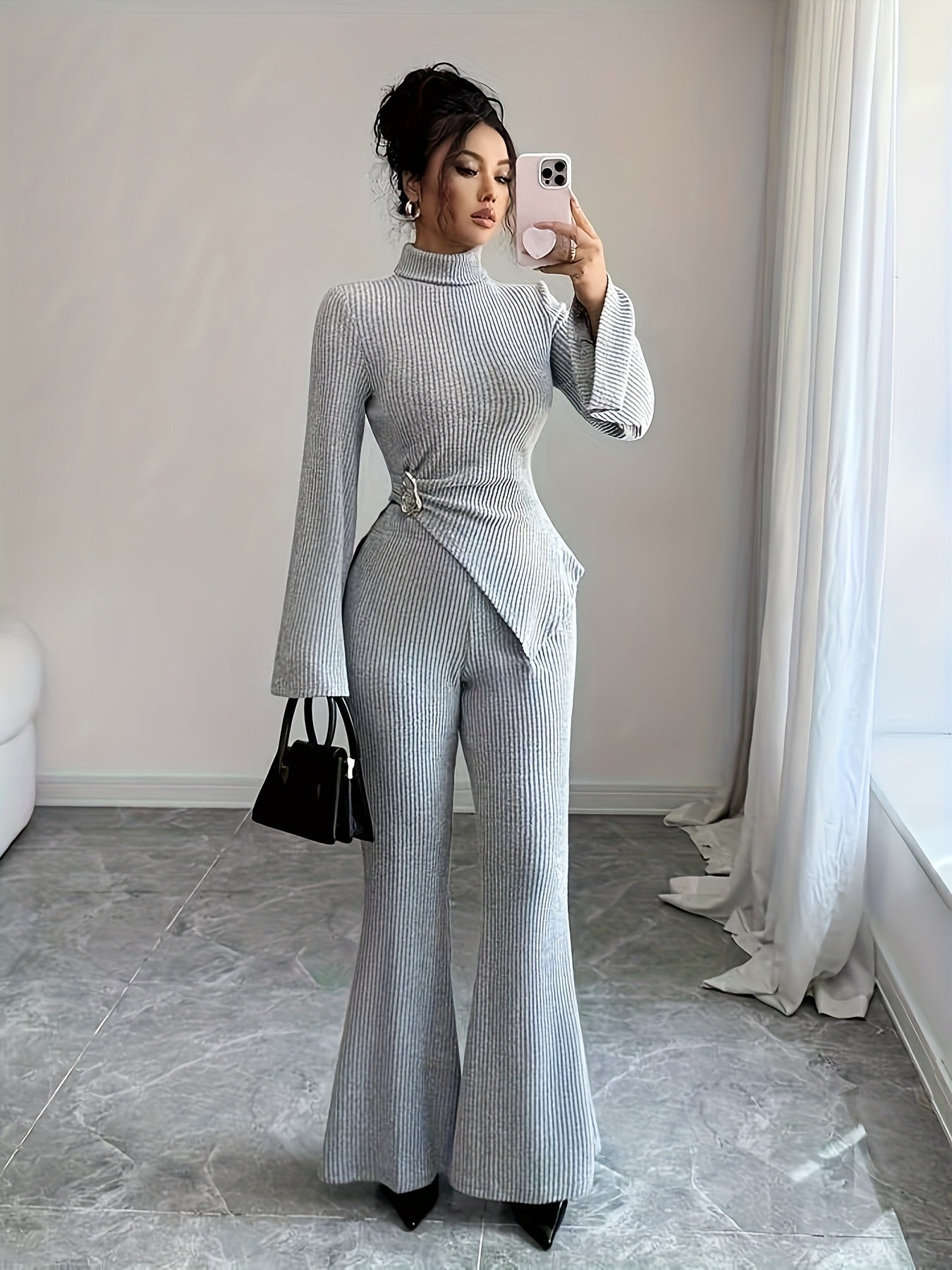 Women'S Autumn-Winter Fleece-Lined High Neck Asymmetrical Hem Long Sleeve Pants Suit | Elegant Solid Color Design.