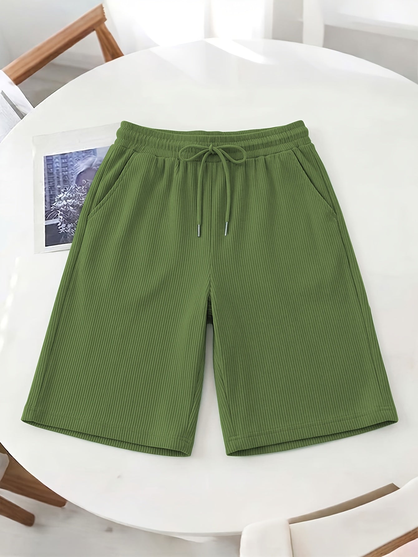 Women’s Casual Loose-Fit Corduroy 5-Point Pants with Elastic Waist