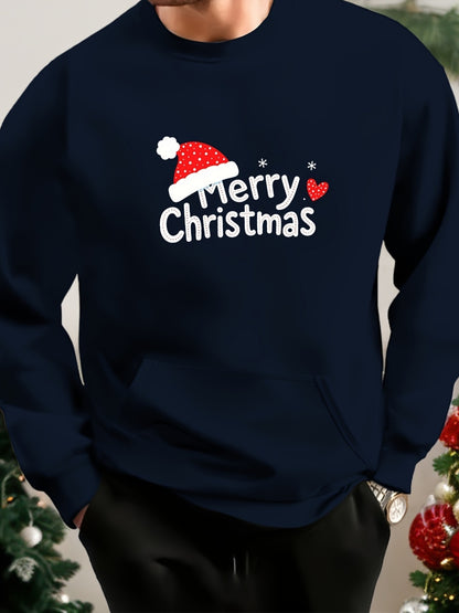 Men's White Christmas & New Year Oversized Sweatshirt - Long Loose Fit Casual Sweater with Pocket, Red Polka Santa Hat & Holly Berry Logo, Pink Heart Accent - Holiday Party Winter Wear (Machine Washable)