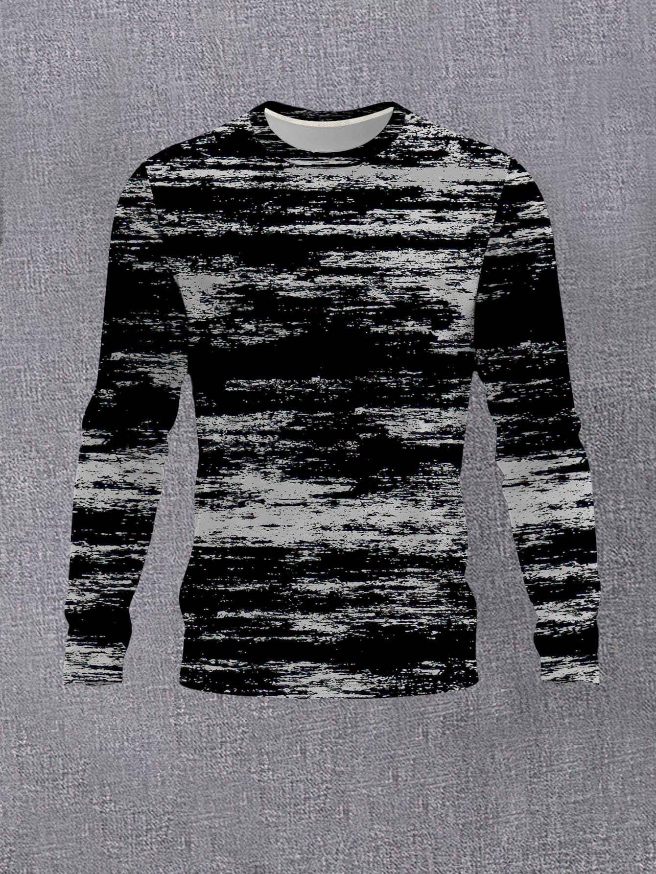 Men's Fashion Crew Neck Long Sleeve Top Personality Abstract Texture Print Casual Versatile Pullover Trendy Street Style Youth Base Layer Shirt
