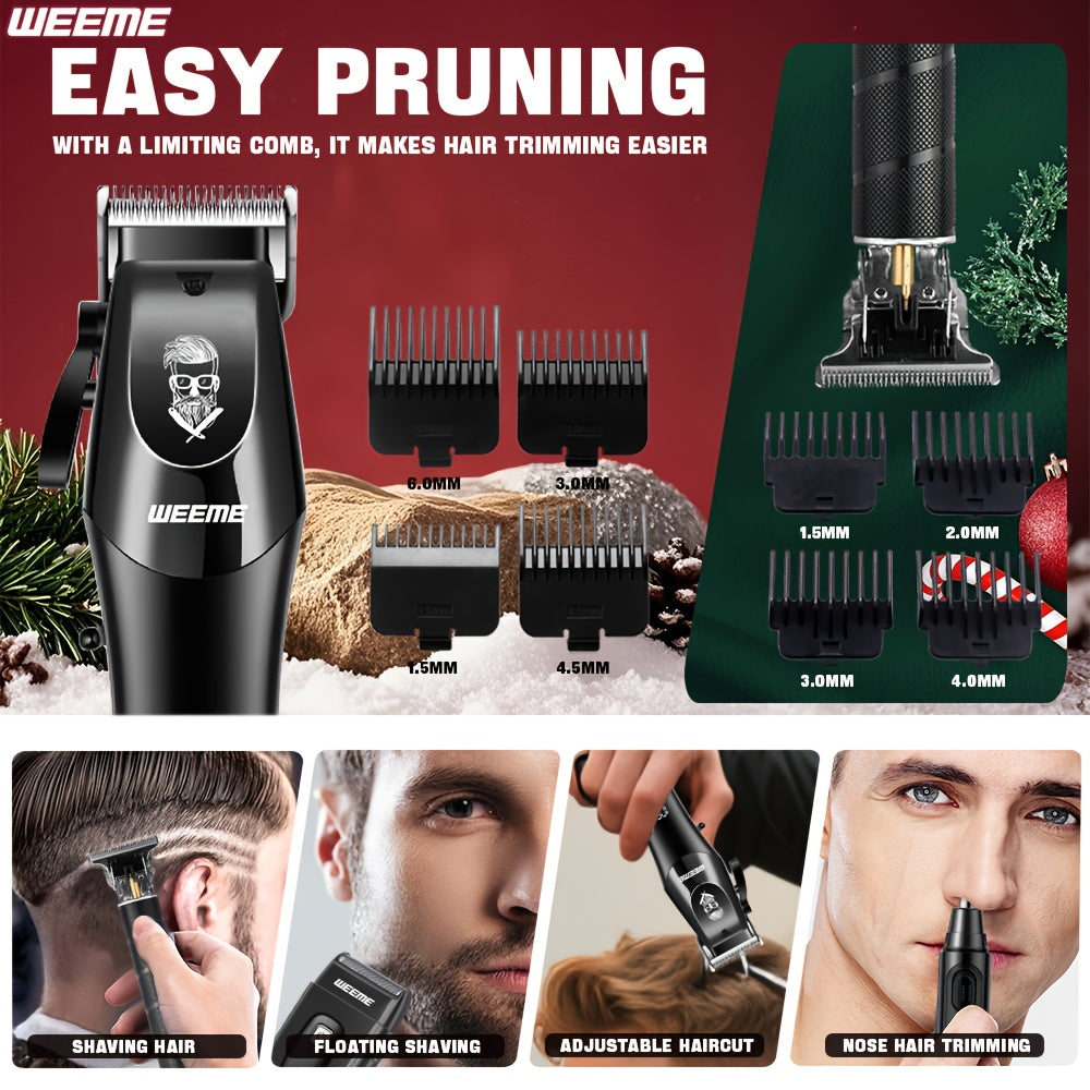 WEEME 4pcs Professional Hair Clipper Set for Men, Cordless Barber Clippers and Trimmer Kit, Electric Beard Trimmer and Nose Trimmer, Foil Shaver Grooming Tools, Luxury Christmas Gift Set for Him (Black) - ayq