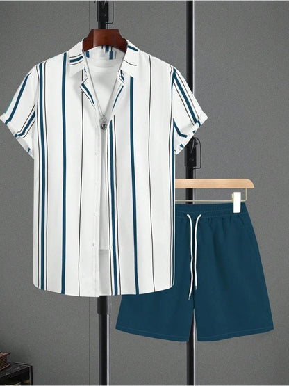 Men's Casual Summer Set - Striped Short-Sleeve Shirt & Shorts