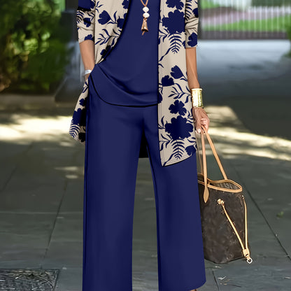 Plus Size, A three-piece set of Women's plus-size elegant floral print top and solid-color vest pants