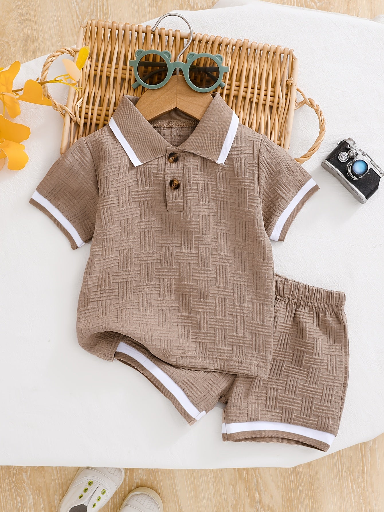 Boys' Summer Polo Shirt & Shorts Set in Jacquard Fabric
