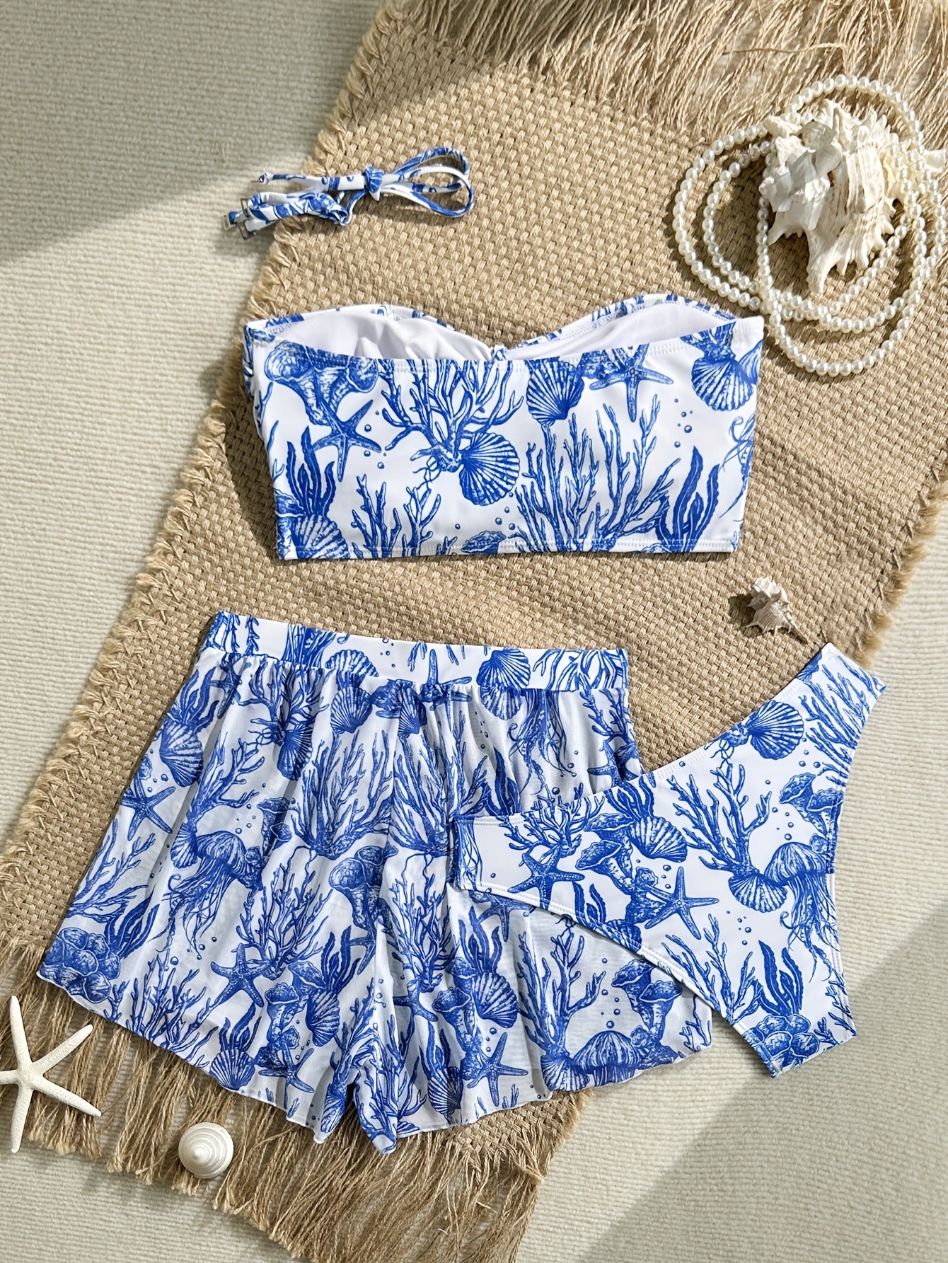 Women’s Blue Printed 3-Piece Bikini Set with High Stretch Fabric