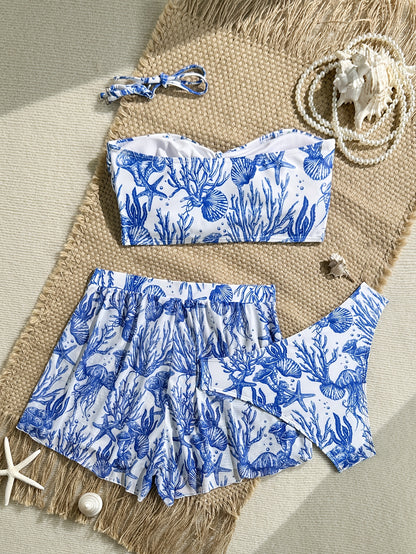 Women’s Blue Printed 3-Piece Bikini Set with High Stretch Fabric