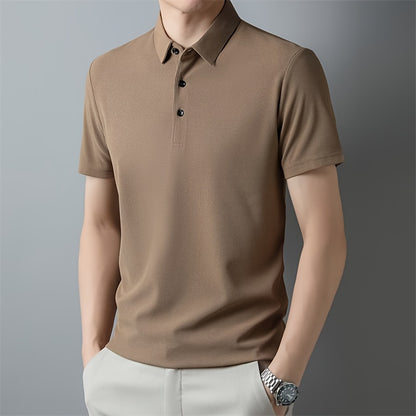 Men's Solid Short Sleeve And Lapel Collar Henley Shirt, Casual And Comfy Sports Tops For Summer Golf Wear And Outdoors Activities