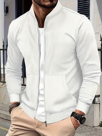 Men's Lightweight Jacket with Stand-Up Collar - Zippered Front Closure, Regular Fit Casual Coat for Everyday & Formal Wear - Spring/Fall Outerwear in White/Neutral Tones - Easy Care Zipper Jacket
