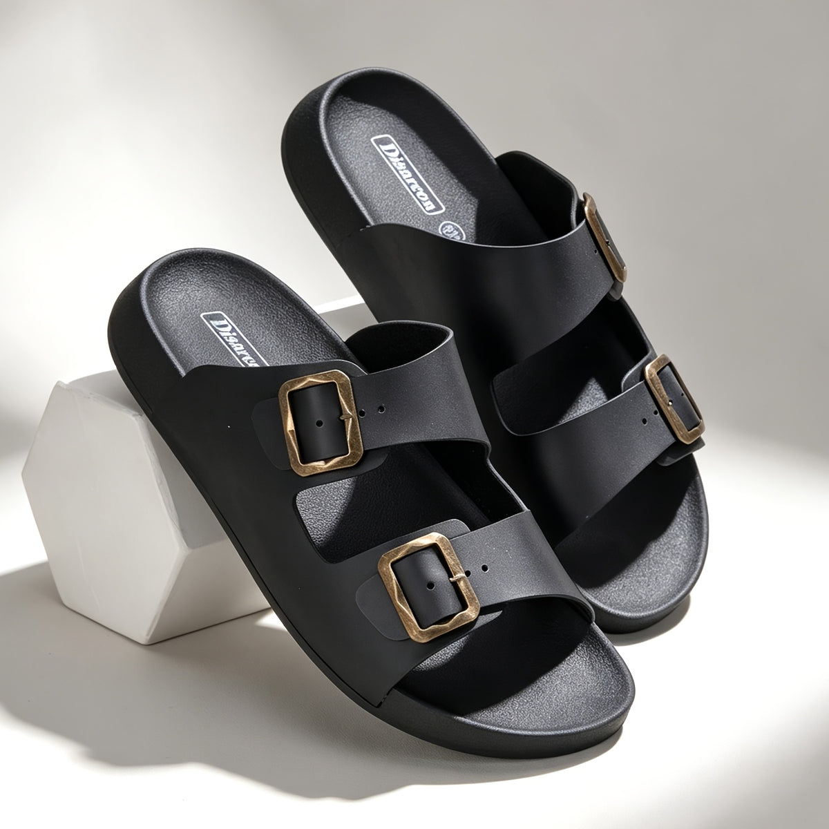 Unisex Retro Slide Sandals with Metal Buckle, Casual Double Strap