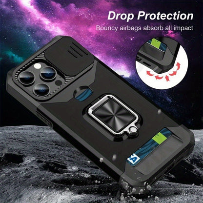 Retro PVC Phone Case with Sliding Camera Slot and Ring Stand