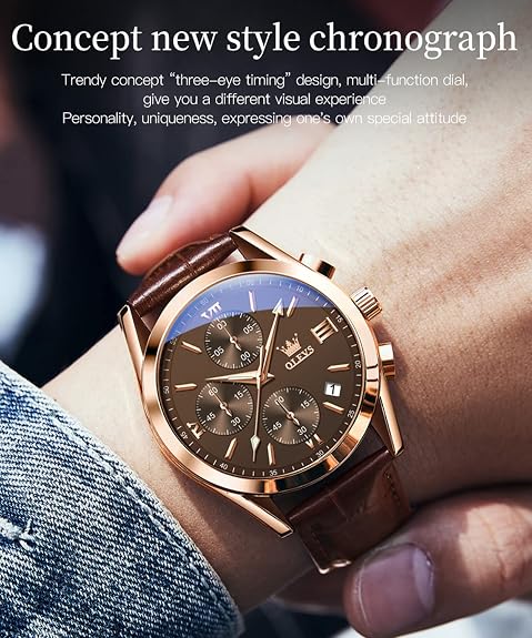 OLEVS Men's Waterproof Leather Band Quartz Watch