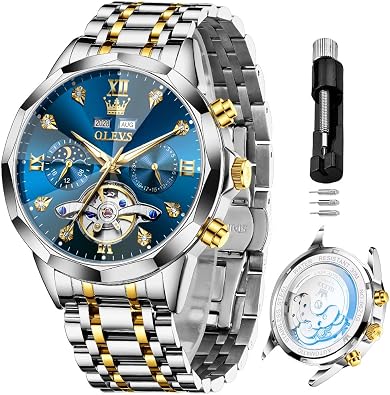 OLEVS Men's Automatic Skeleton Luxury Diamond Watch Stainless Steel