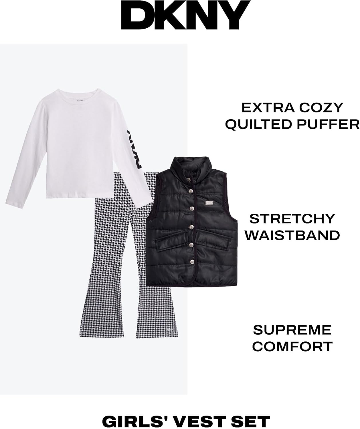Girls 3 Piece Puffer Vest, Shirt & Flare Leggings Set