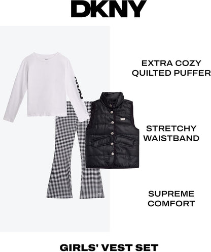 Girls 3 Piece Puffer Vest, Shirt & Flare Leggings Set