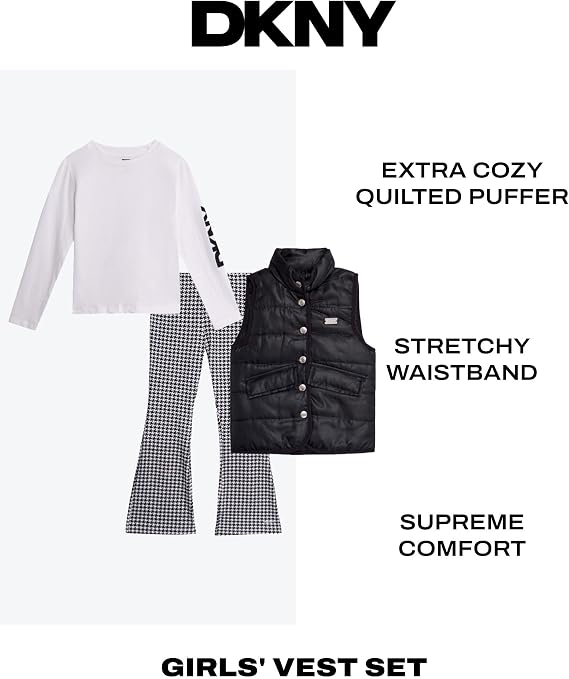 Girls 3 Piece Puffer Vest, Shirt & Flare Leggings Set