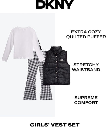 Girls 3 Piece Puffer Vest, Shirt & Flare Leggings Set