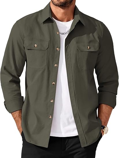 Men's Long Sleeve Button-Up Shirt Jacket with Flap Pockets