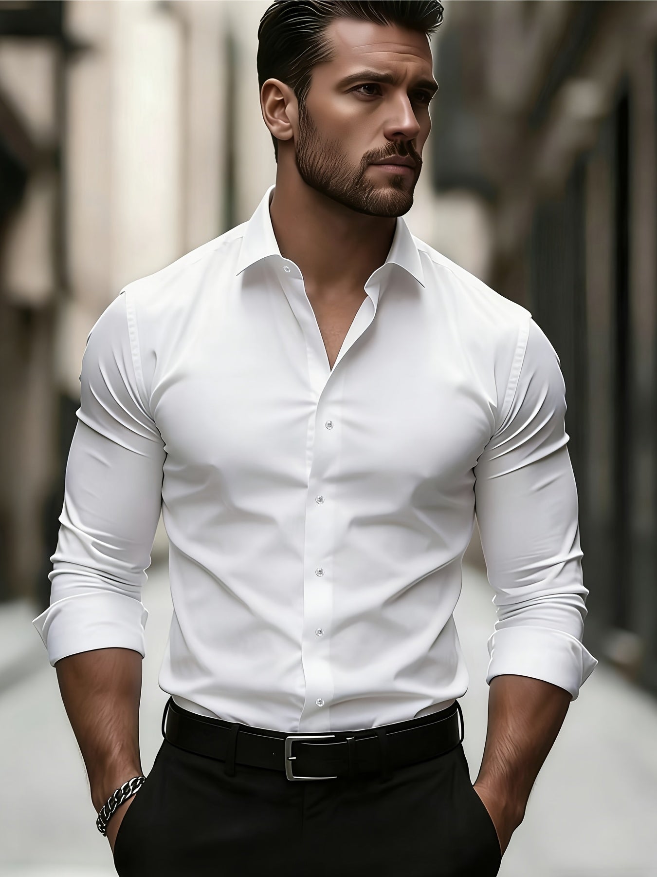 Men's Solid Color Long Sleeve Dress Shirt for Work & Business