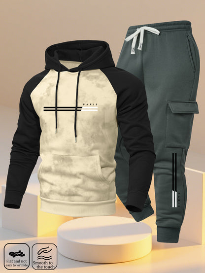A New Trendy Color-Blocked Hoodie with Raglan Sleeves And Loose-Fitting Cargo Pants Featuring Multiple Pockets, Perfect for Casual Everyday Wear. This Breathable Hoodie And Loose Long Pants Set Comes in a Two-Piece Print Desi