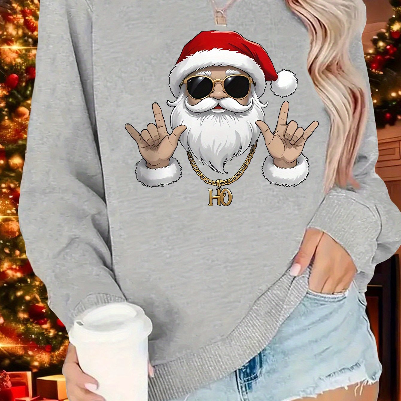 Women's Elegant Christmas Santa Claus Graphic Print Fleece-Lined Sweatshirt - Long Sleeve Round Neck Pullover with Golden Accents, Machine Washable Holiday Party Casual Top, Christmas Sweatshirt, Festive Clothing, Hiphop Styl