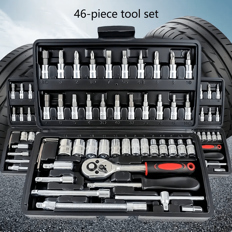 46pcs Heavy-Duty Stainless Steel Tool Set with Precision Ratchet Wrench, Screwdriver Bits & Sockets - All-in-One Mechanic'S Tool Kit with Impact-Resistant, Ergonomic Handle & Storage For Auto, Home