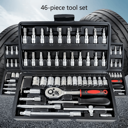 46pcs Heavy-Duty Stainless Steel Tool Set with Precision Ratchet Wrench, Screwdriver Bits & Sockets - All-in-One Mechanic'S Tool Kit with Impact-Resistant, Ergonomic Handle & Storage For Auto, Home