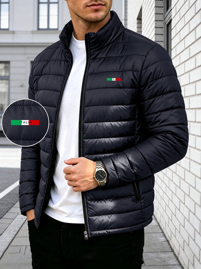 Men's Stand Collar Padded Coat with Stripe Accent for Fall Winter