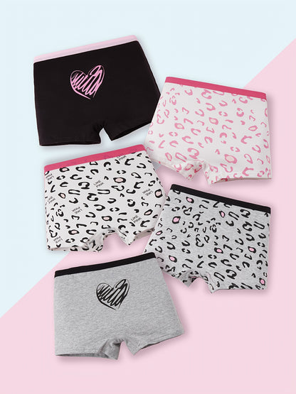 Girls' 5-Pack Cotton Boxers with Leopard & Heart Patterns