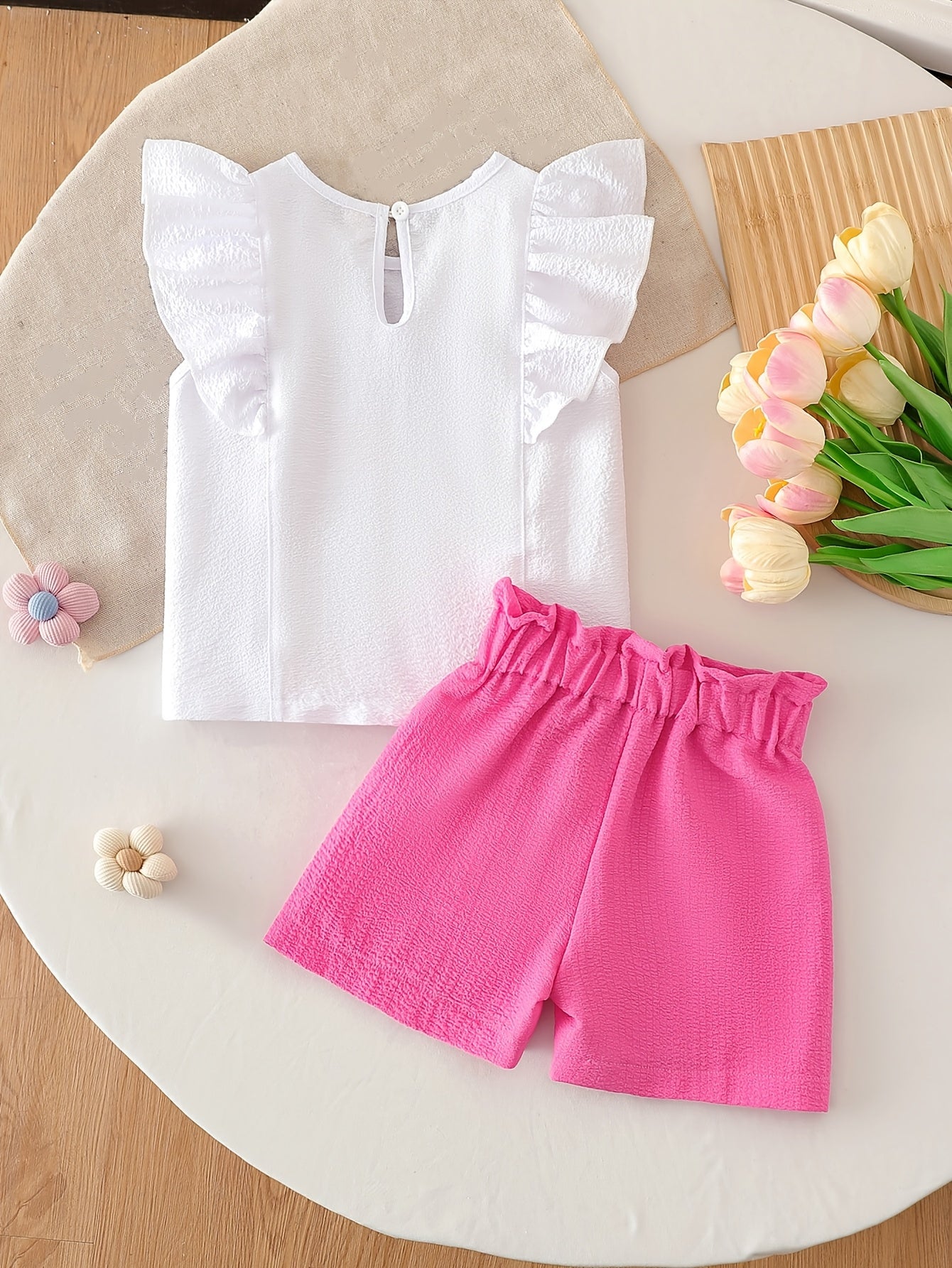 Girls' Summer Two-Piece Set with Floral Sleeveless Top & Shorts