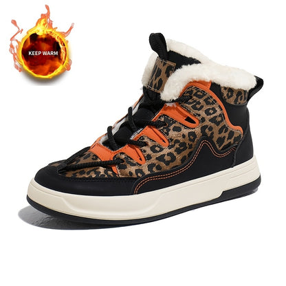 Women'S Stylish Leopard Print Winter Sneakers - Warm Fleece-Lined Casual Shoes with Thick Cushioned PVC Sole, Black & Orange Design, Perfect for Fall/Winter, Winter Sneakers | Leopard Print Shoes | Durable PVC Sole